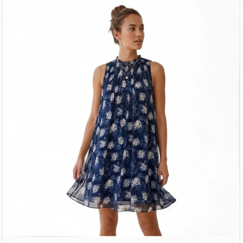 Joie Batlic Navy Blue Floral Chiffon Smocked High Neck Sleeveless Shift‎ Dress